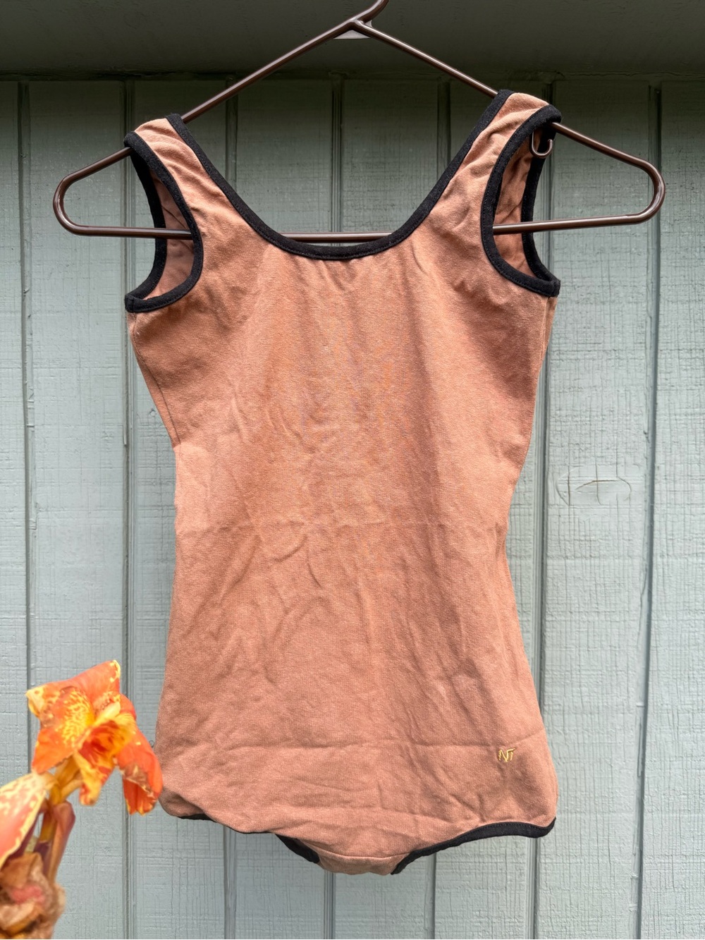 Natasha Tonic Tan One-Piece bathing suit with Black Trim